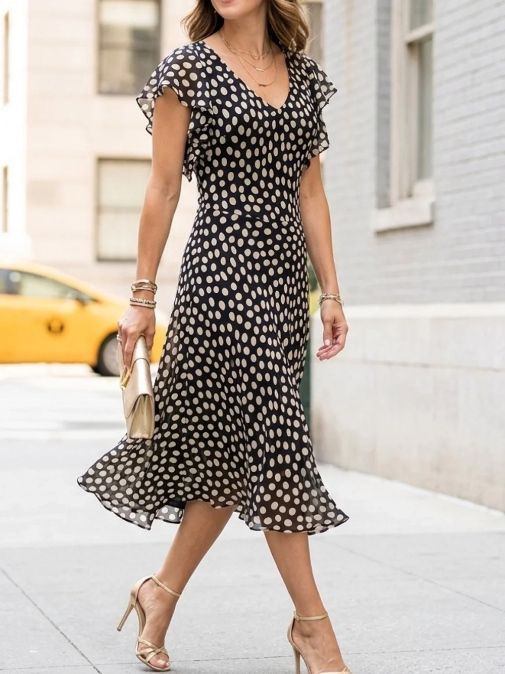 Georgiou Studio 100% Silk Polka Dot Midi Dress 8 Flutter Sleeve Romantic Y2K